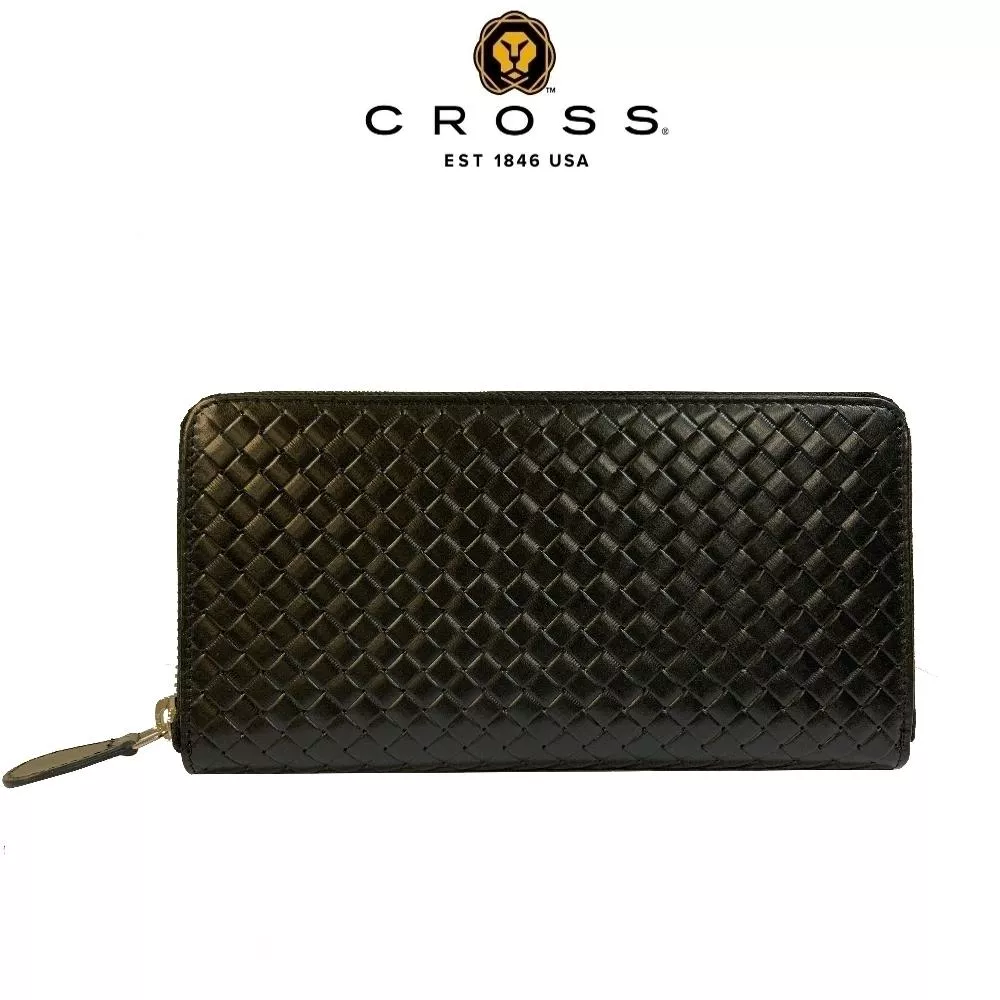 【CROSS】限量1折 頂級小牛皮編織紋拉鍊長夾 海倫系列 全新專櫃展示品 (黑色)