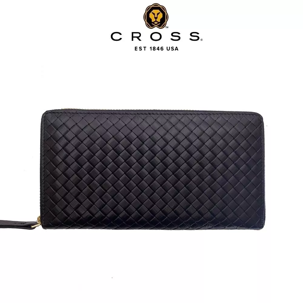 【CROSS】限量1折 頂級小羊皮編織紋拉鍊長夾 蒂蜜特系列 全新專櫃展示品 (黑色)