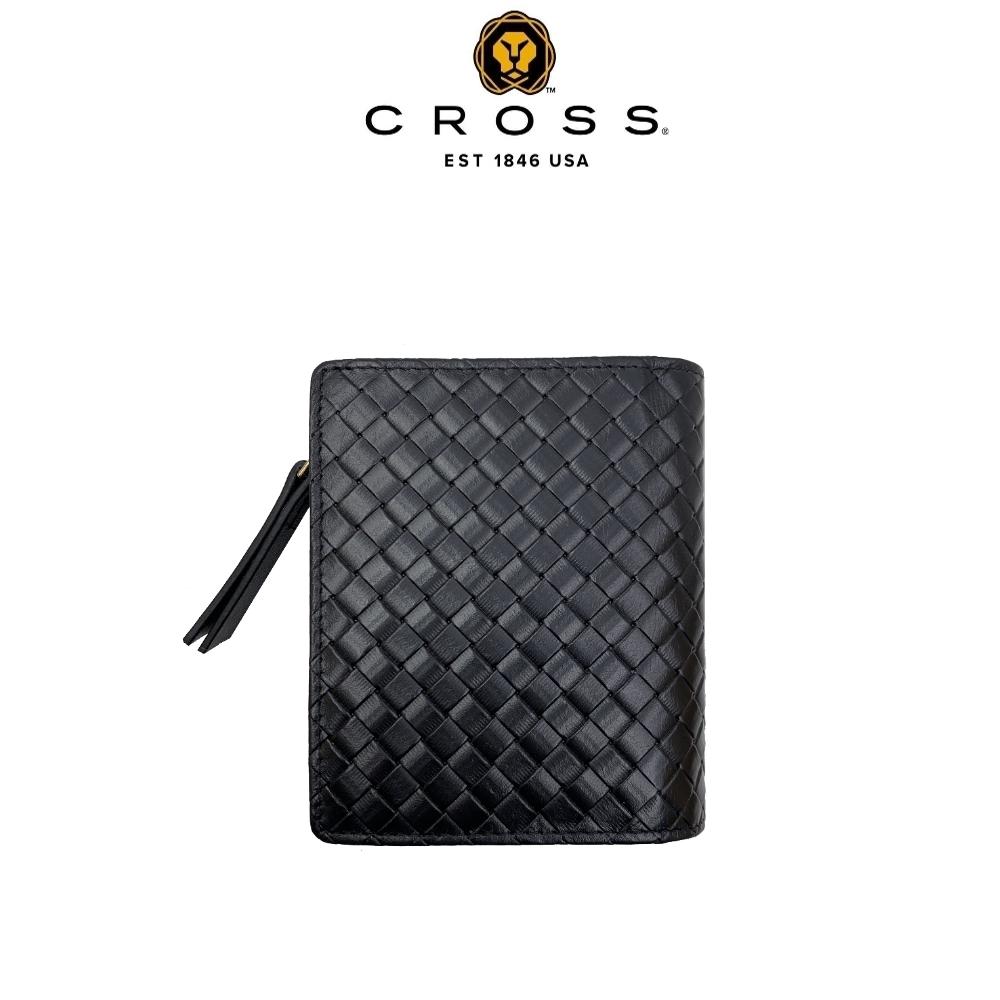 【CROSS】限量2折 頂級小牛皮編織紋拉鍊短夾 全新專櫃展示品 (黑色)