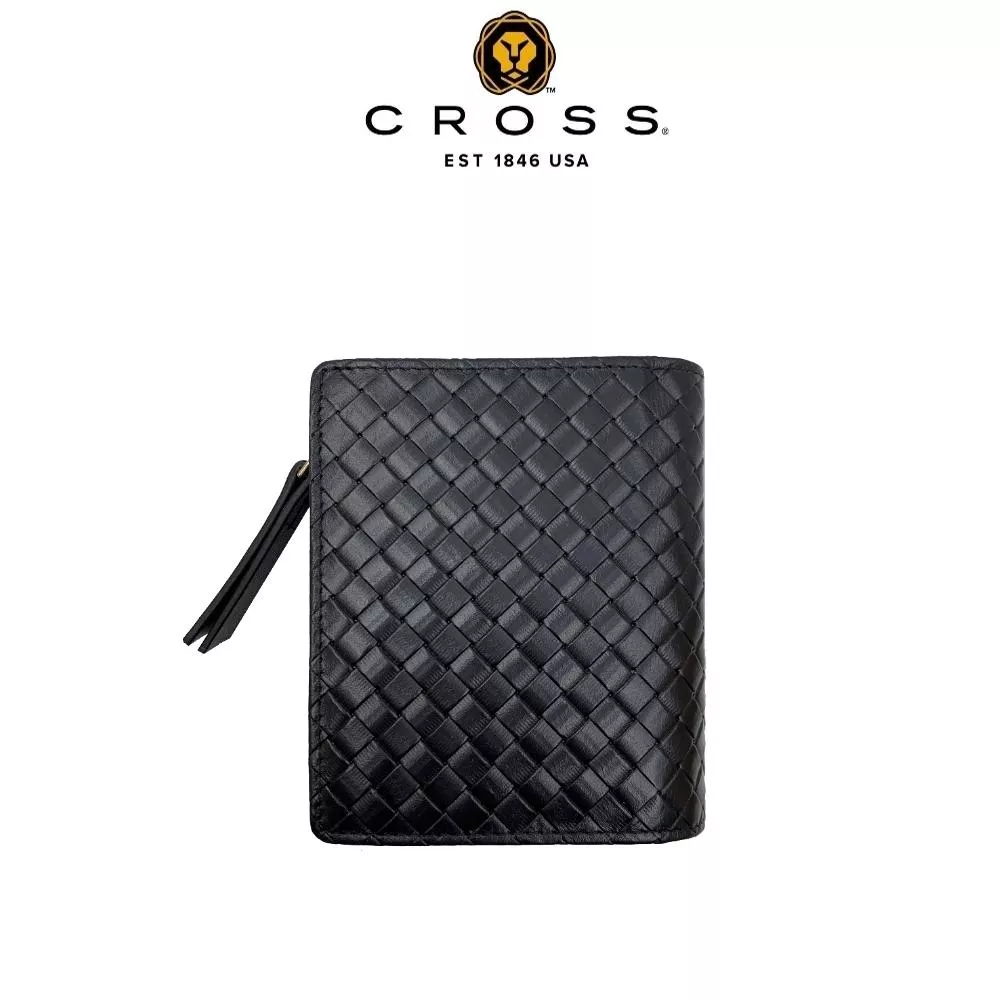 【CROSS】限量2折 頂級小牛皮編織紋拉鍊短夾 全新專櫃展示品 (黑色)