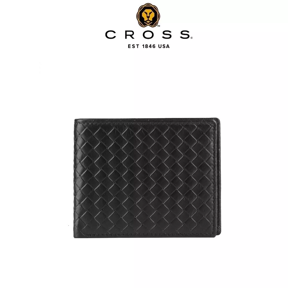 【CROSS】限量2折 頂級小牛皮編織紋8卡男用短夾 全新專櫃展示品 (黑色)