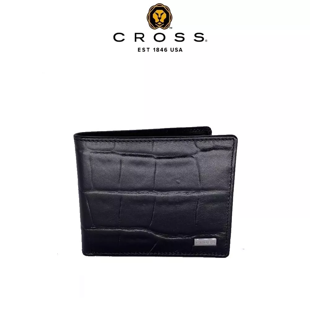 【CROSS】限量2折 頂級小牛皮鱷魚紋4卡1零錢袋男用短夾 全新專櫃展示品 (黑色)