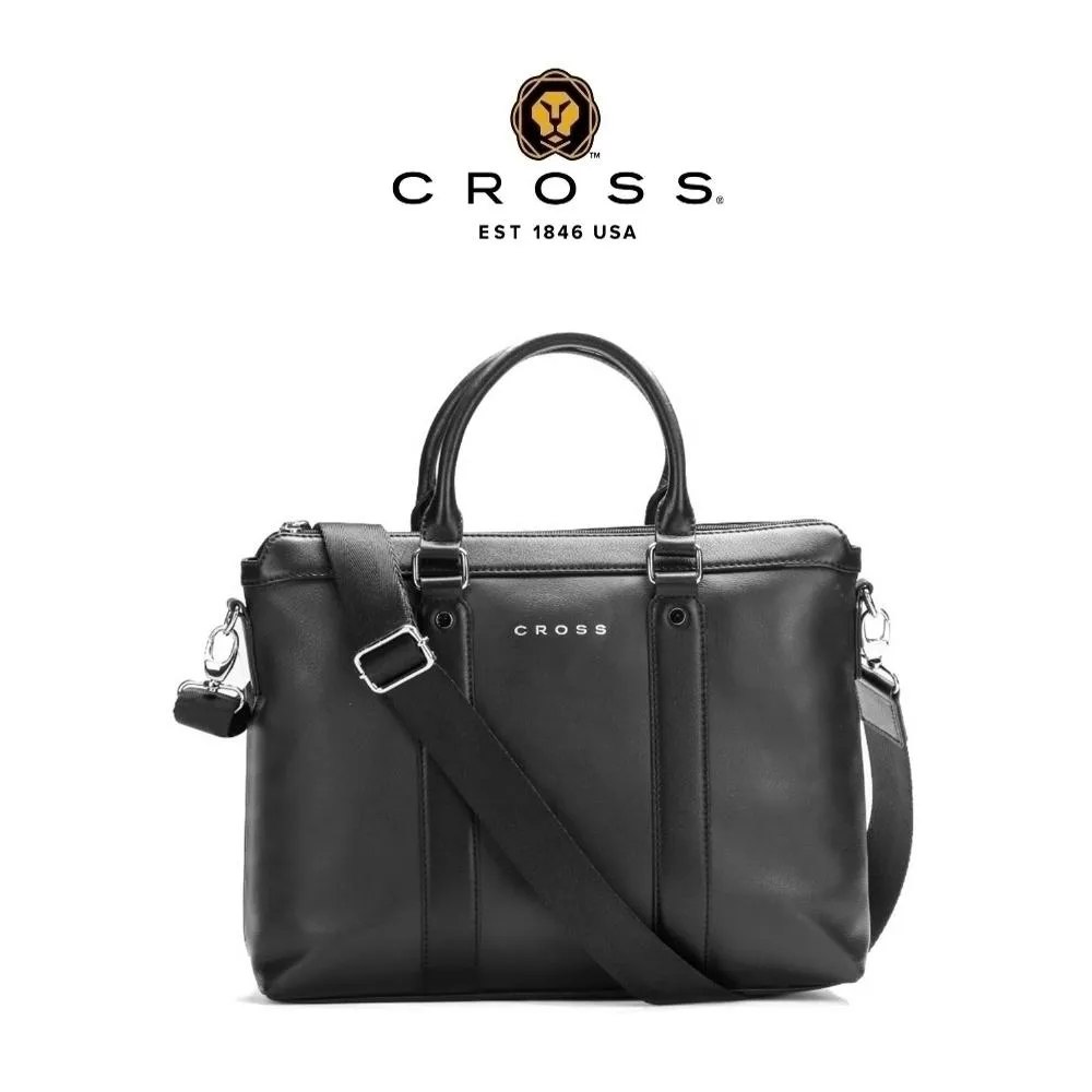 【CROSS】限量1折 頂級小牛皮手柄拉鍊手提/斜背公事包 芬利系列 全新專櫃展示品 (14吋 黑色)