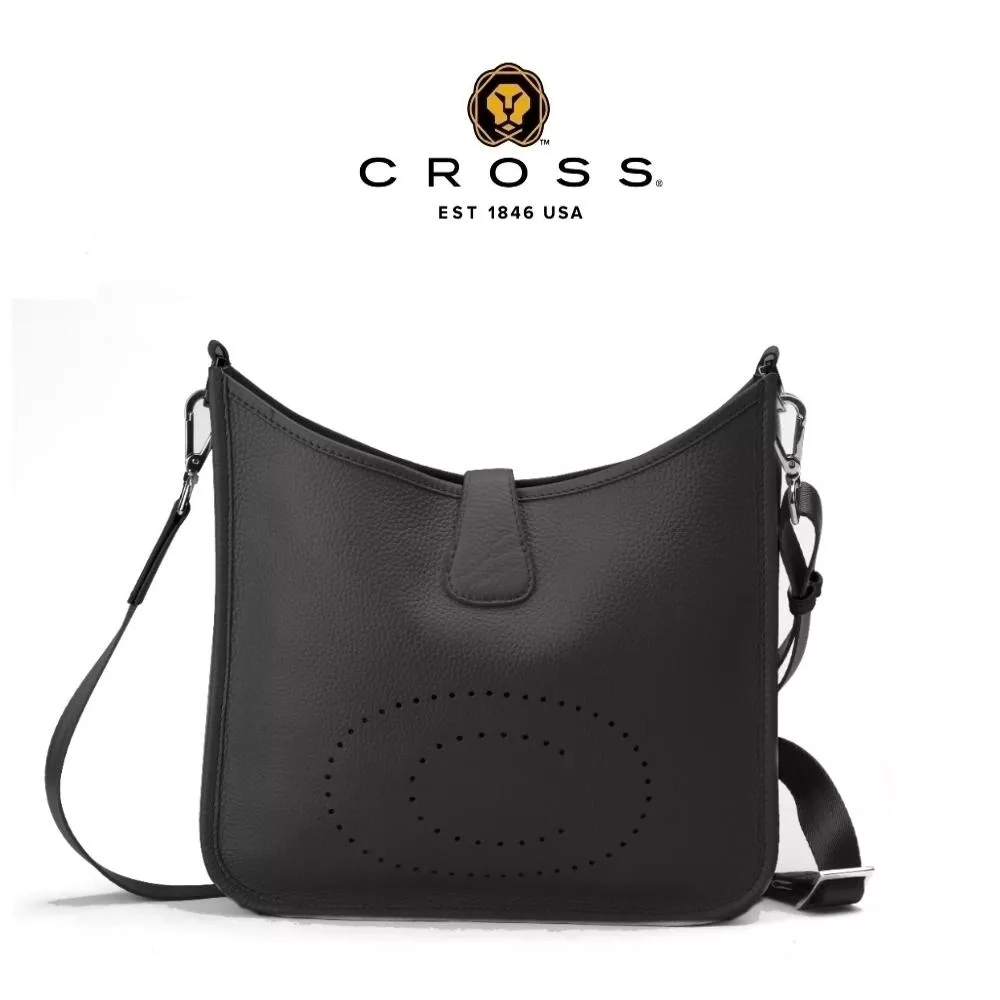 【CROSS】限量1折 頂級NAPPA小牛皮荔枝紋牛皮鏤空洞洞C LOGO側肩包 艾芙琳系列 全新專櫃展示品 (黑色)