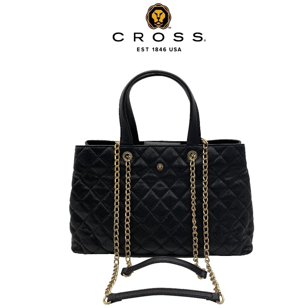 【CROSS】限量1折 經典小牛皮菱格紋手提/斜背大包 全新專櫃展示品(黑色)