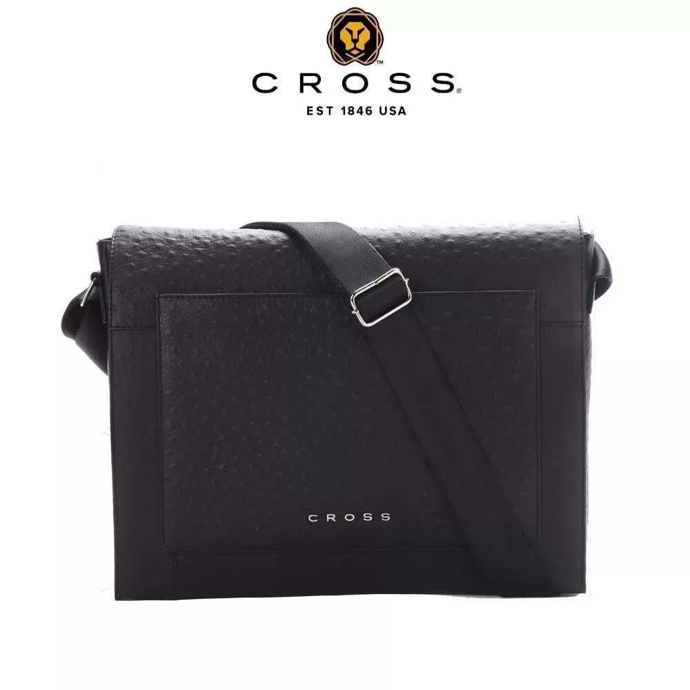 【CROSS】限量1折 頂級NAPPA小牛皮鴕鳥紋斜背包 全新專櫃展示品 (黑色)