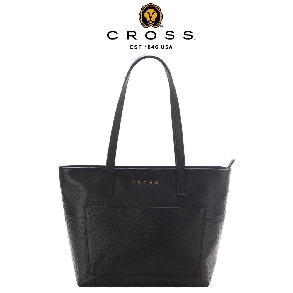 【CROSS】限量1折 頂級NAPPA小牛皮鴕鳥紋手提大包 拖特包 全新專櫃展示品 (黑色)