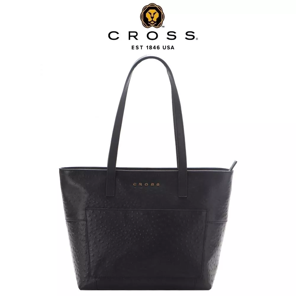【CROSS】限量1折 頂級NAPPA小牛皮鴕鳥紋手提大包 拖特包 全新專櫃展示品 (黑色)