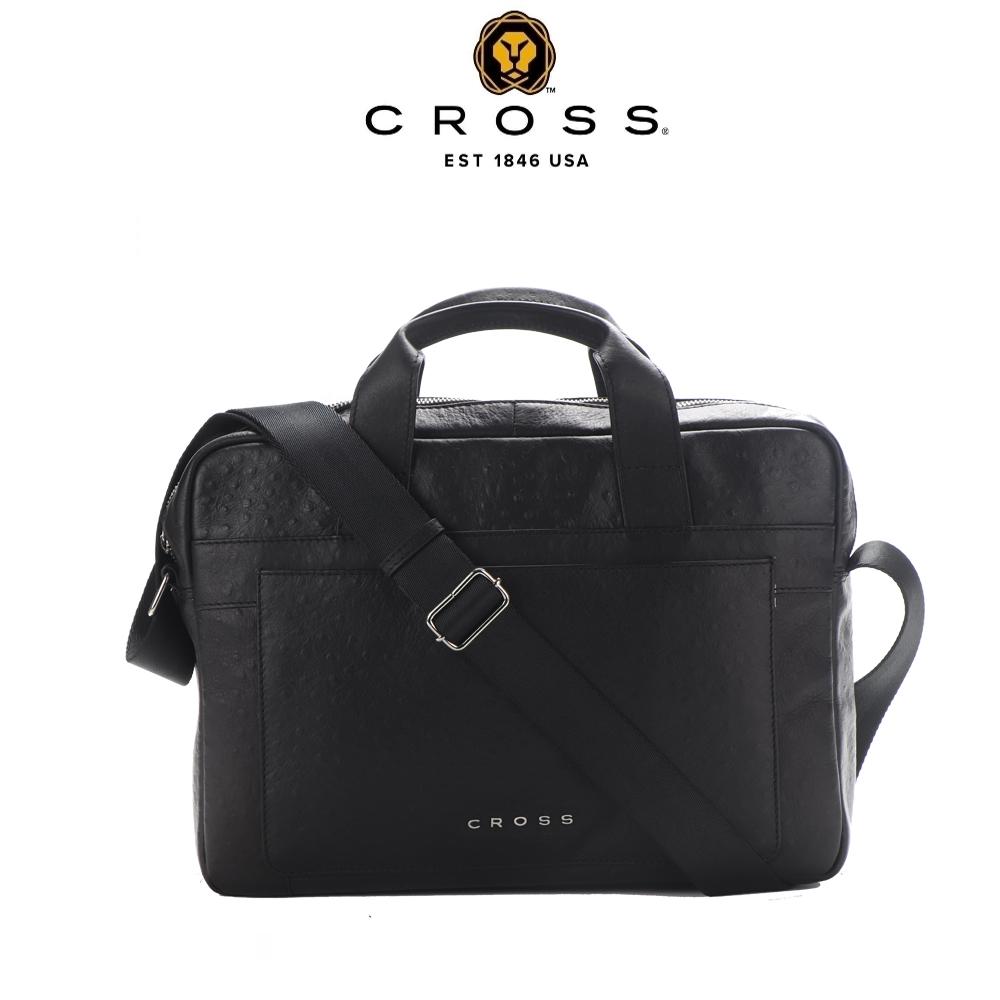 【CROSS】限量1折 頂級NAPPA小牛皮鴕鳥紋手柄拉鍊手提/斜背公事包 全新專櫃展示品(14吋 黑色)