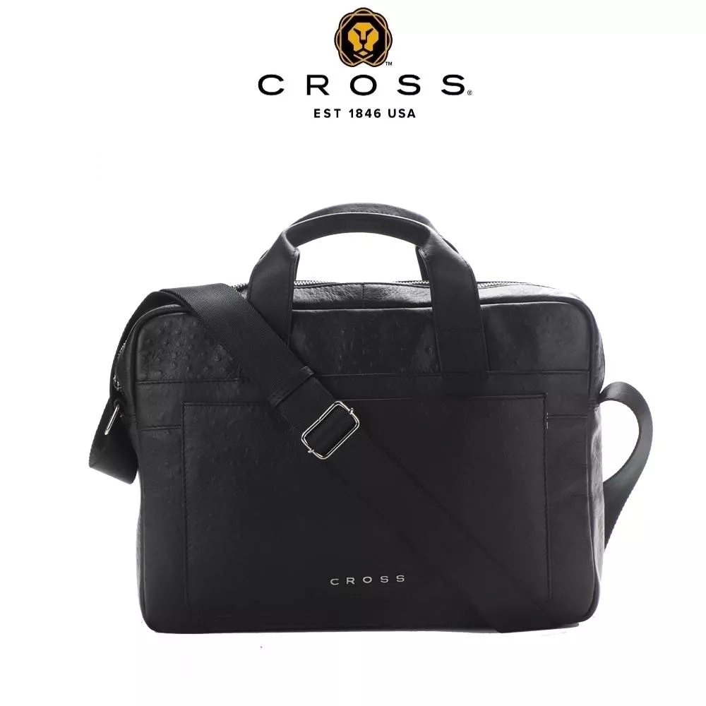 【CROSS】限量1折 頂級NAPPA小牛皮鴕鳥紋手柄拉鍊手提/斜背公事包 全新專櫃展示品(14吋 黑色)