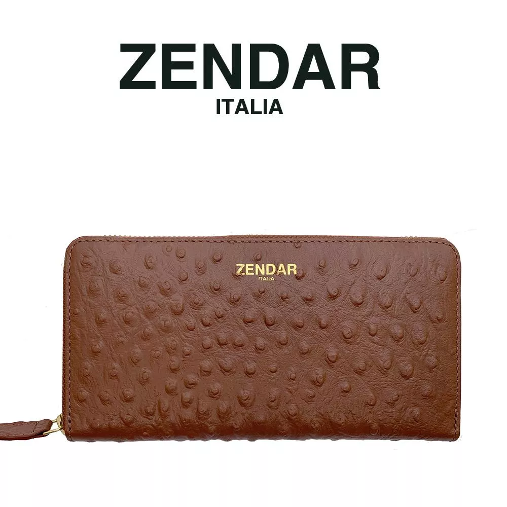 【ZENDAR】限量1折 超柔軟頂級小羊皮鴕鳥紋拉鍊長夾 凱莉系列 全新專櫃展示品 (咖啡色)
