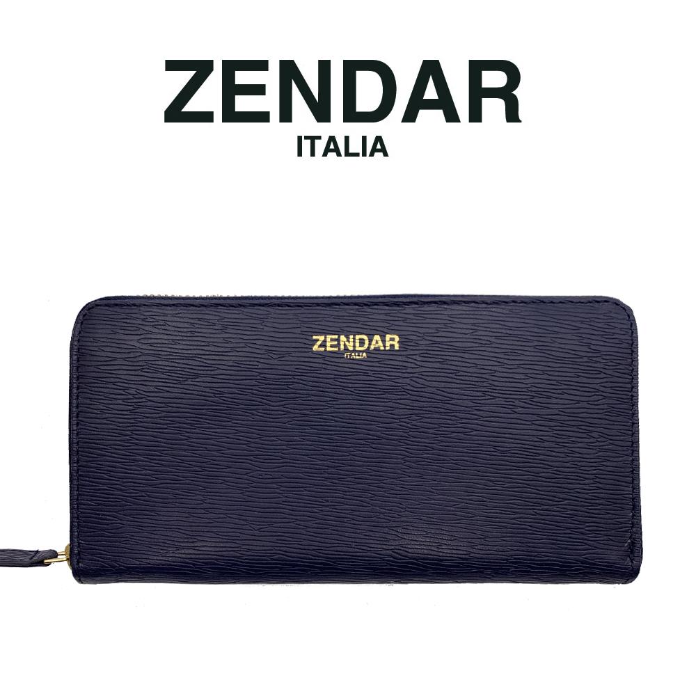 【ZENDAR】超柔軟頂級小羊皮極光紋拉鍊長夾 達芙妮系列 (深藍色)