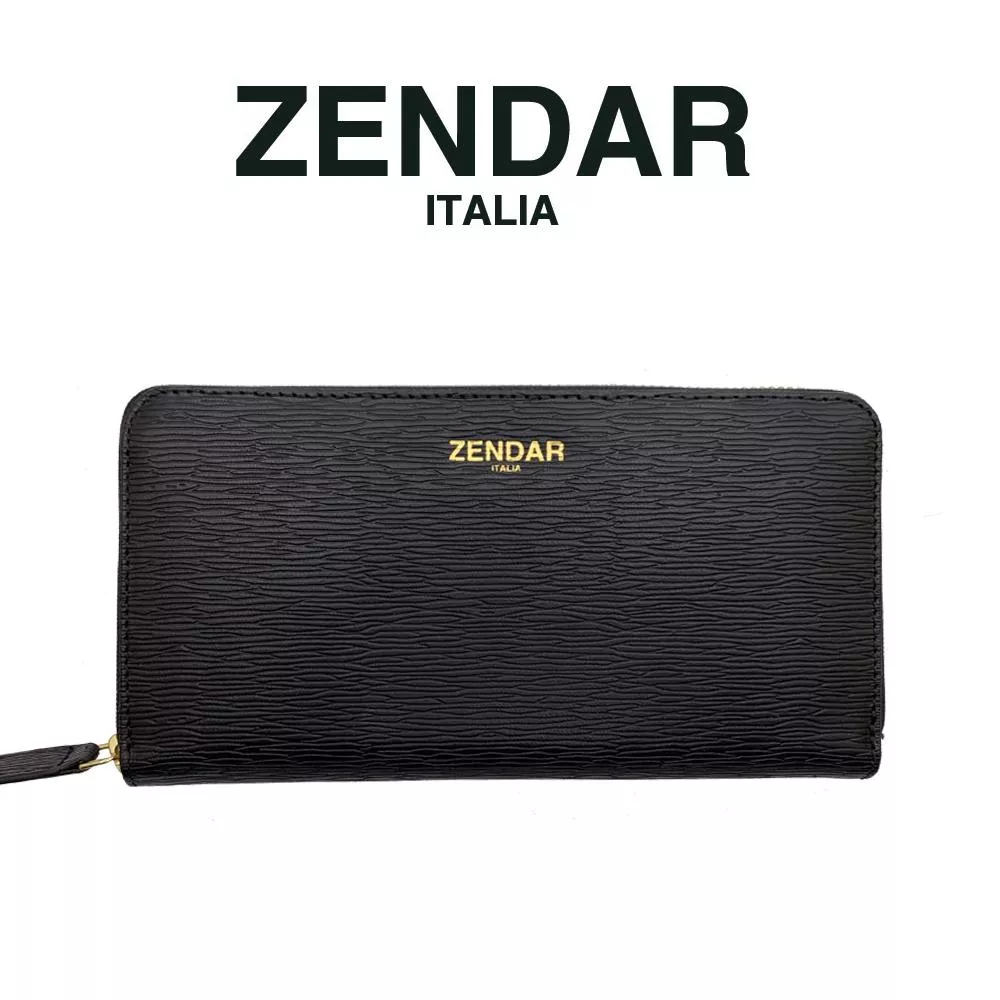 【ZENDAR】限量1折 超柔軟頂級小羊皮極光紋拉鍊長夾 達芙妮系列 全新專櫃展示品 (黑色)