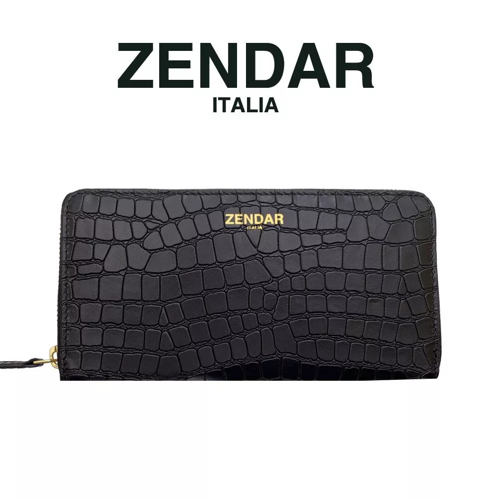 【ZENDAR】限量1折 超柔軟頂級小羊皮鱷魚紋拉鍊長夾 柔伊系列 全新專櫃展示品 (黑色)