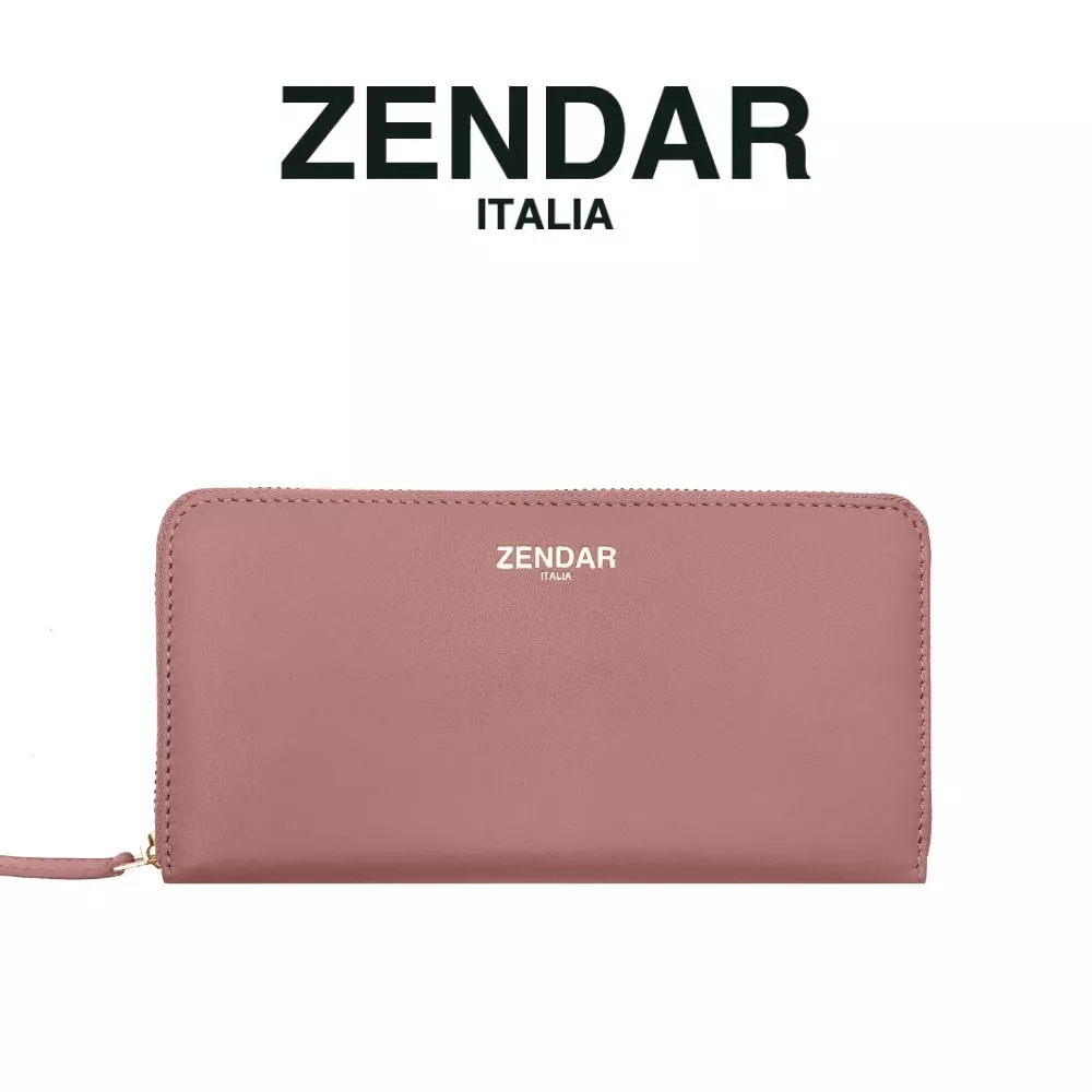【ZENDAR】限量1折 超柔軟頂級小羊皮拉鍊長夾 黛安娜系列 全新專櫃展示品(桃粉色)