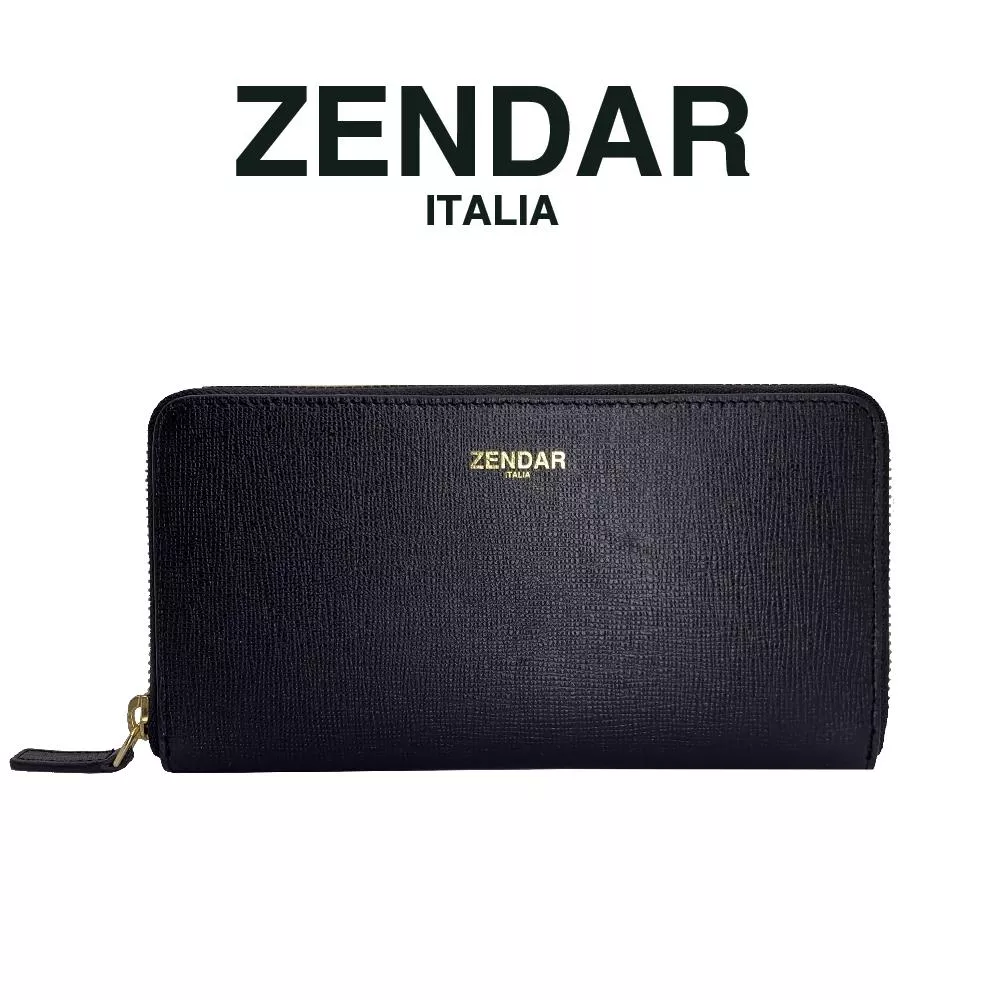 【ZENDAR】限量1折 頂級NAPPA小牛皮十字紋拉鍊長夾 卡門系列 全新專櫃展示品 (黑色)