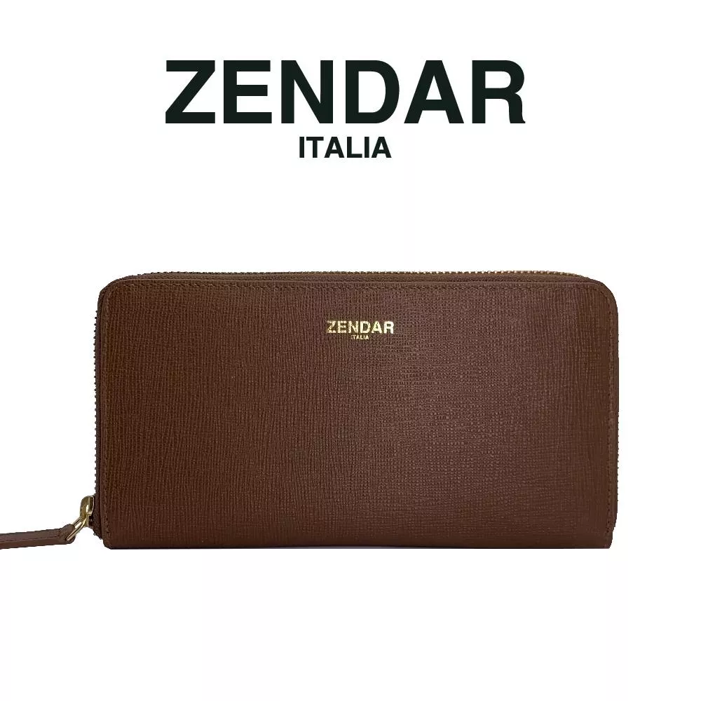 【ZENDAR】頂級NAPPA小牛皮十字紋拉鍊長夾 卡門系列 (咖啡色)