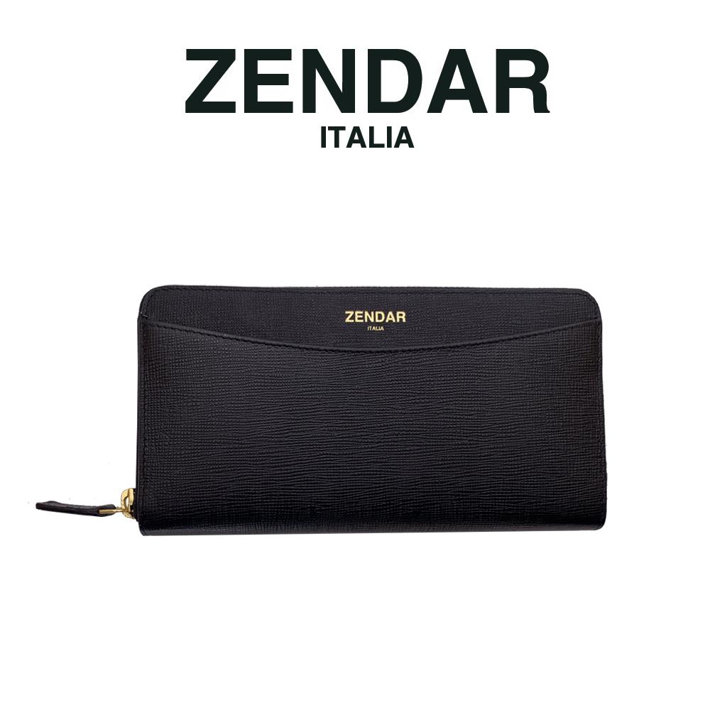 【ZENDAR】頂級NAPPA小牛皮十字紋拉鍊長夾 馬蒂娜系列 (黑色)