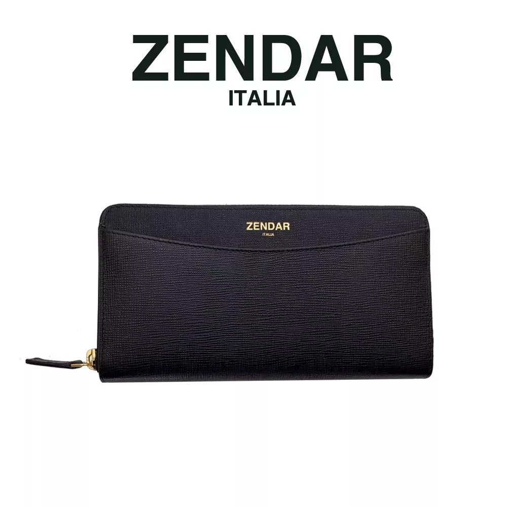 【ZENDAR】限量1折 頂級NAPPA小牛皮十字紋拉鍊長夾 馬蒂娜系列 全新專櫃展示品 (黑色)