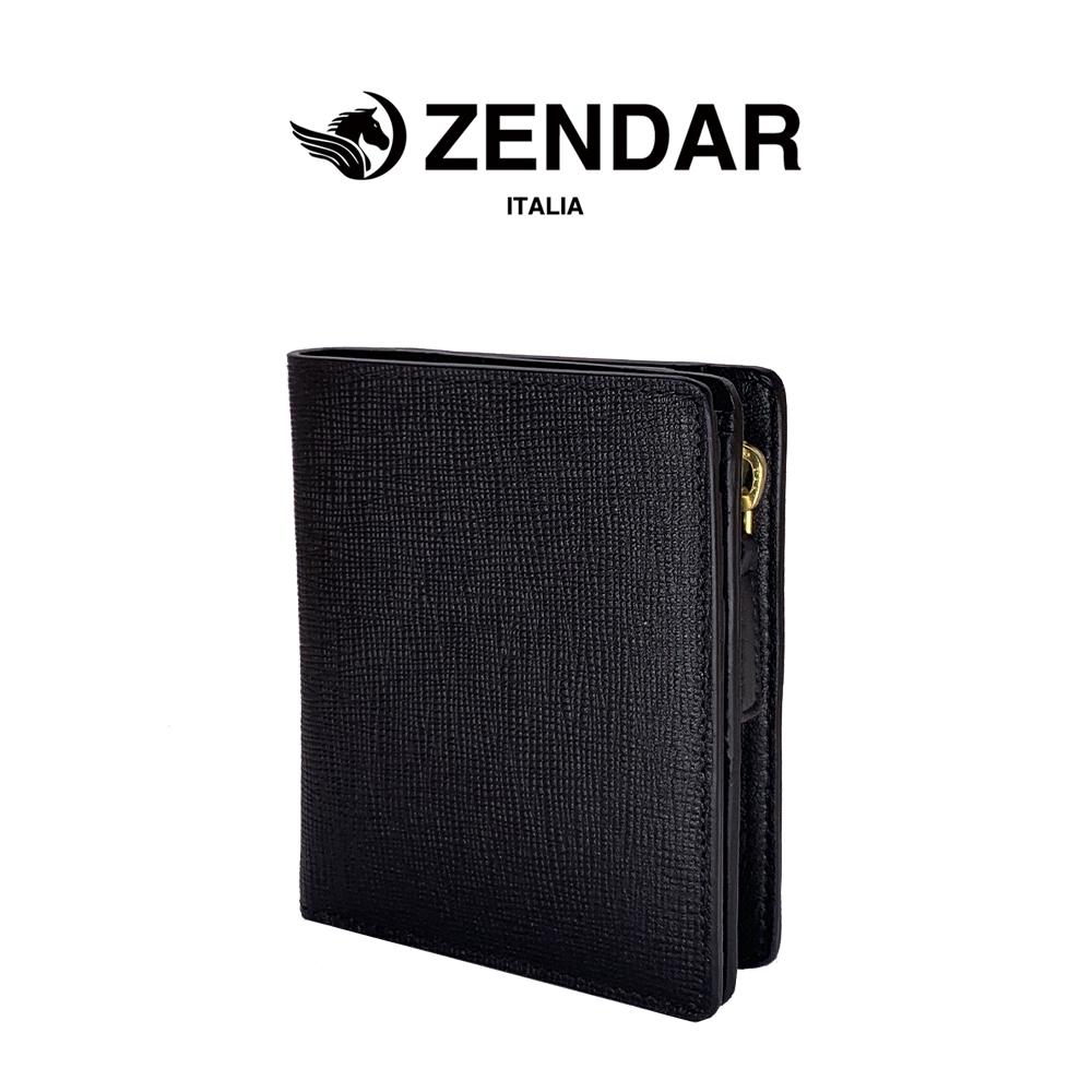 【ZENDAR】頂級NAPPA小牛皮十字紋拉鍊短夾 (黑色)
