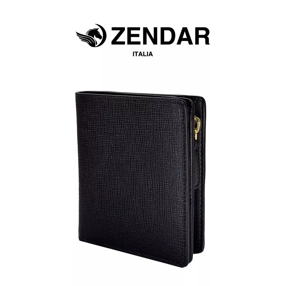 【ZENDAR】限量2折 頂級NAPPA小牛皮十字紋拉鍊短夾 全新專櫃展示品 (黑色)
