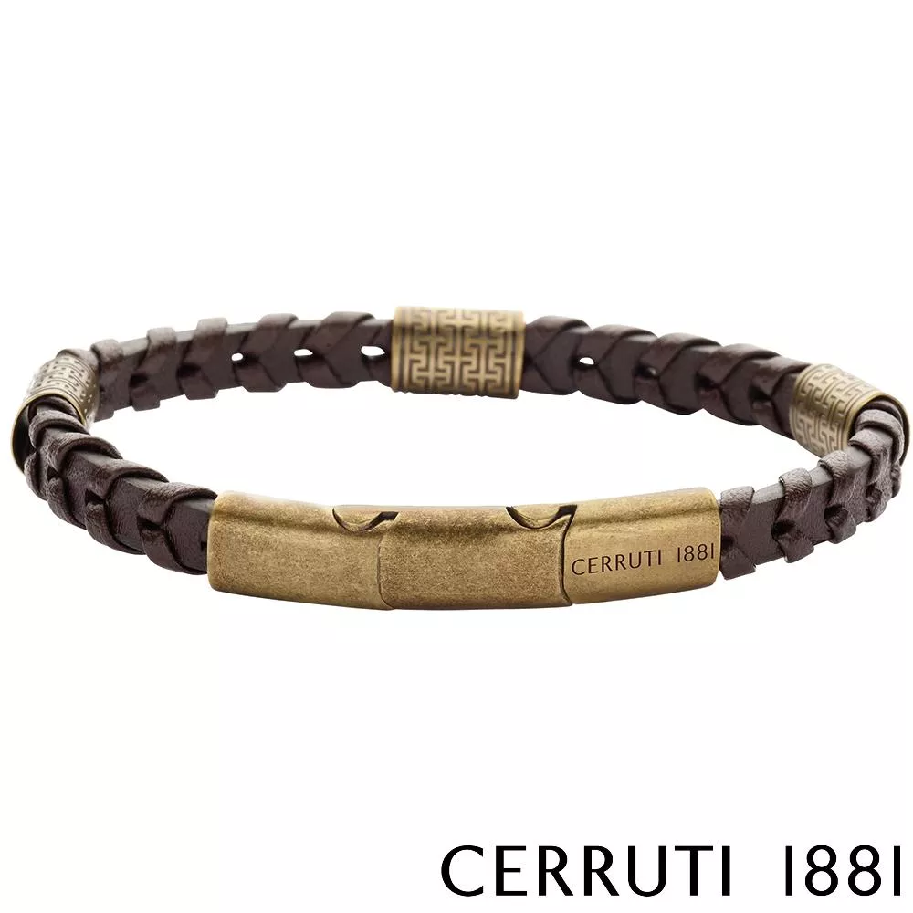 【Cerruti 1881】限量2折 經典不鏽鋼皮革手環 全新專櫃展示品(CB0603 金咖啡色)