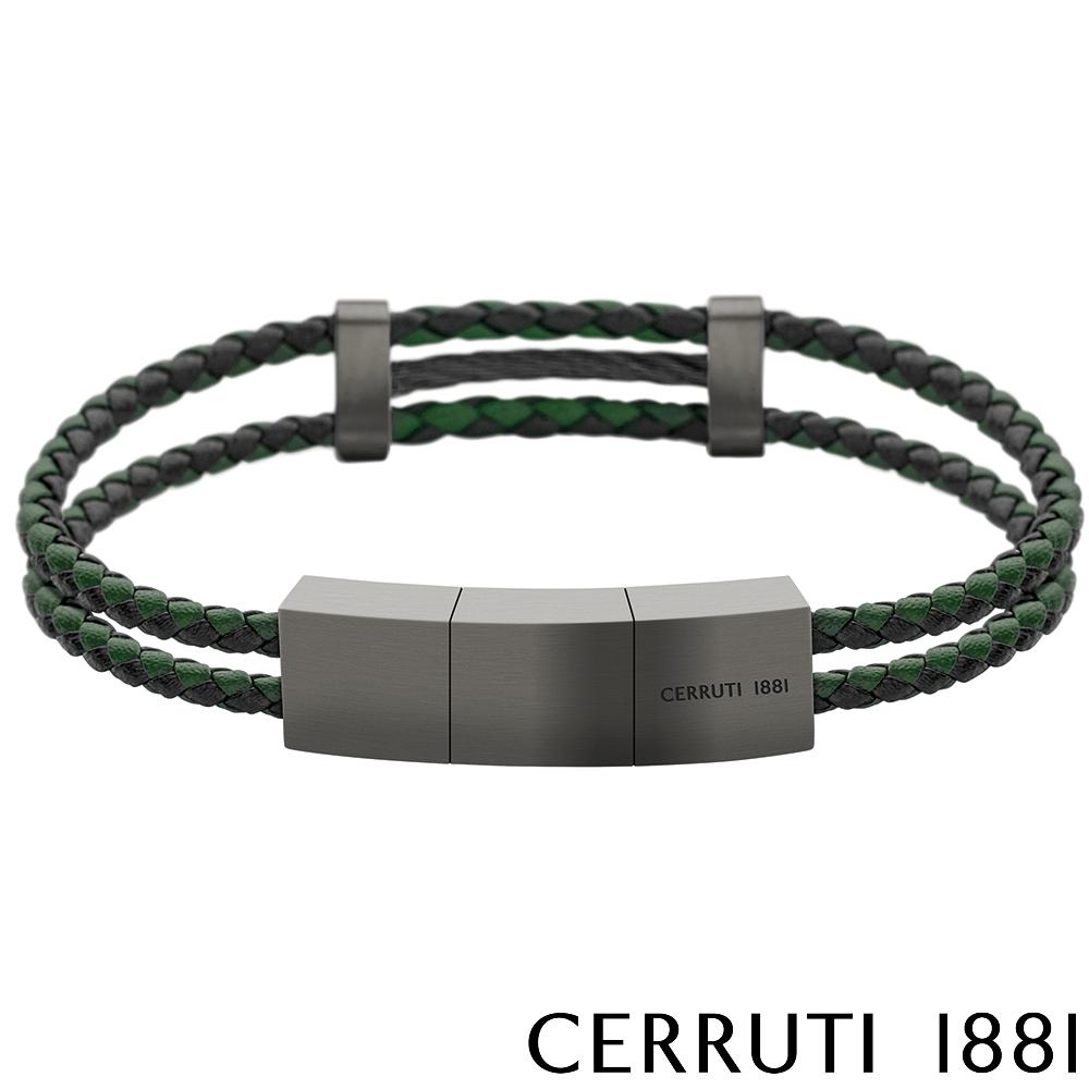 【Cerruti 1881】限量2折 經典編織雙繩不銹鋼皮革手環 全新專櫃展示品(CB0903 綠黑色)