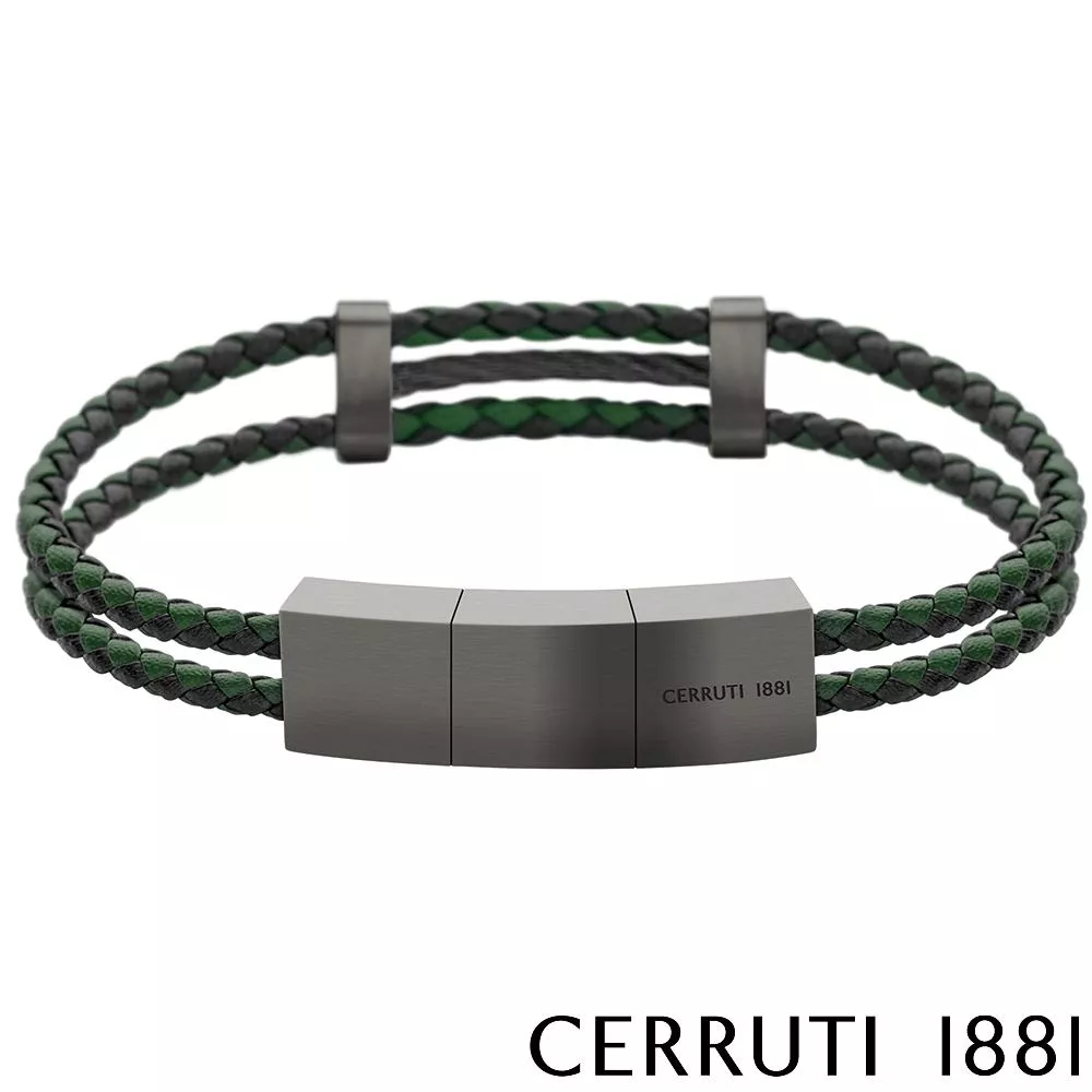 【Cerruti 1881】限量2折 經典編織雙繩不銹鋼皮革手環 全新專櫃展示品(CB0903 綠黑色)