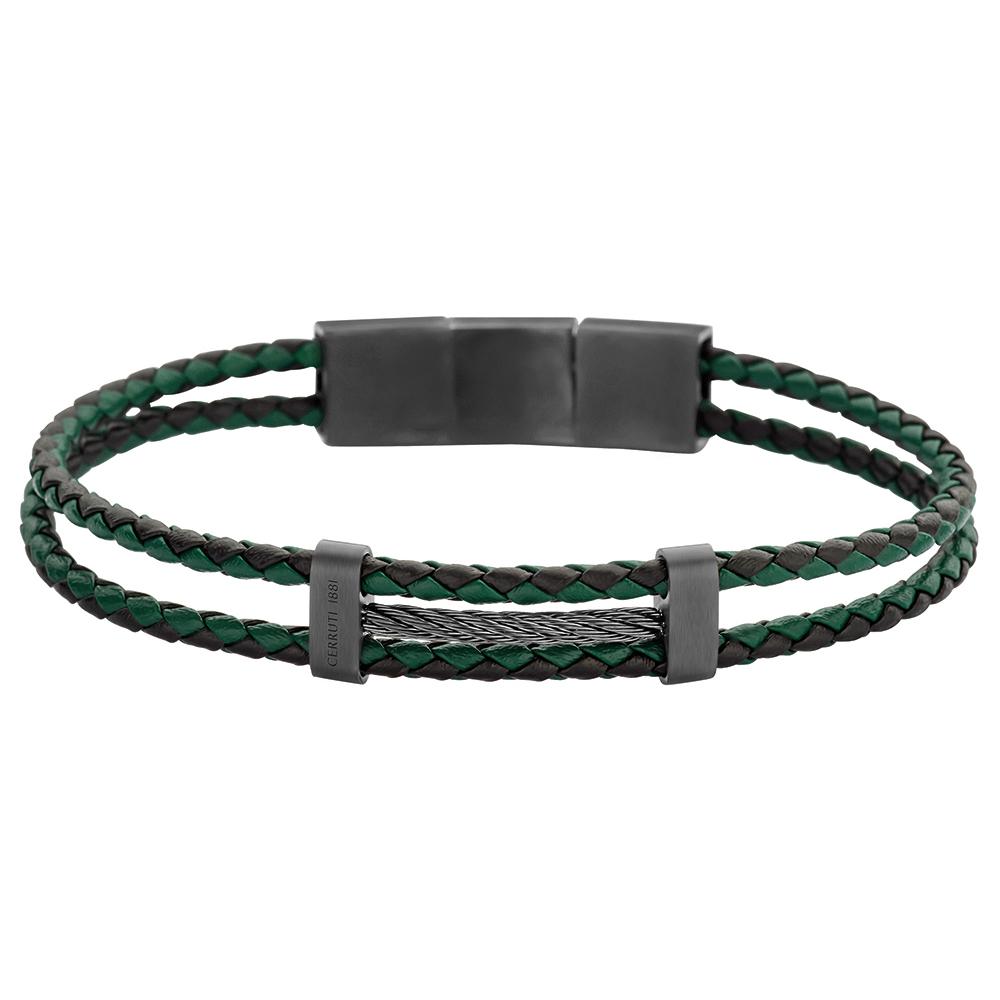 【Cerruti 1881】限量2折 經典編織雙繩不銹鋼皮革手環 全新專櫃展示品(CB0903 綠黑色)