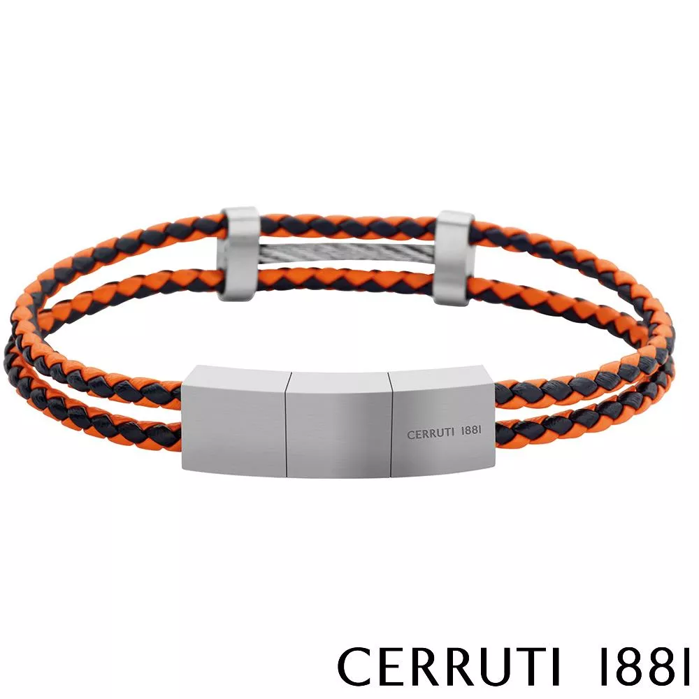 【Cerruti 1881】限量2折 經典編織雙繩不銹鋼皮革手環 全新專櫃展示品(CB0904 橘黑色)