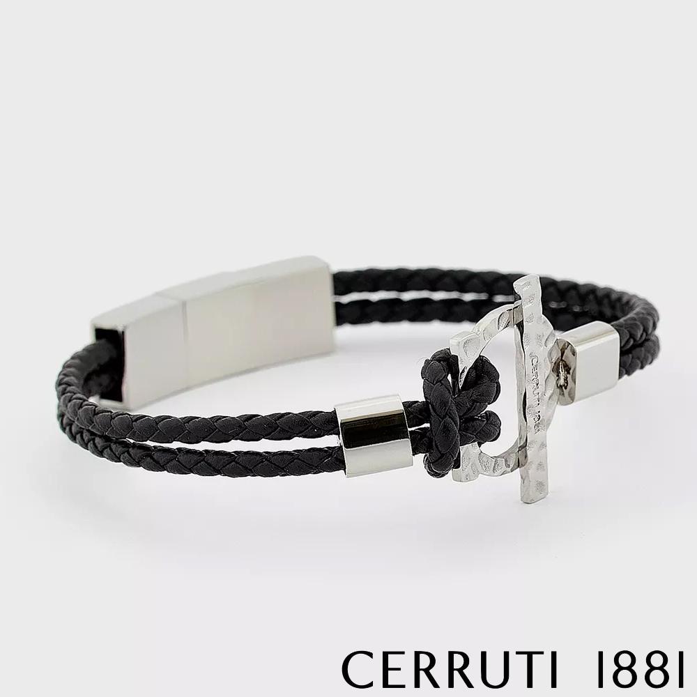 【Cerruti 1881】限量2折 經典編織雙繩不銹鋼皮革手環 全新專櫃展示品(CB1701 黑色)