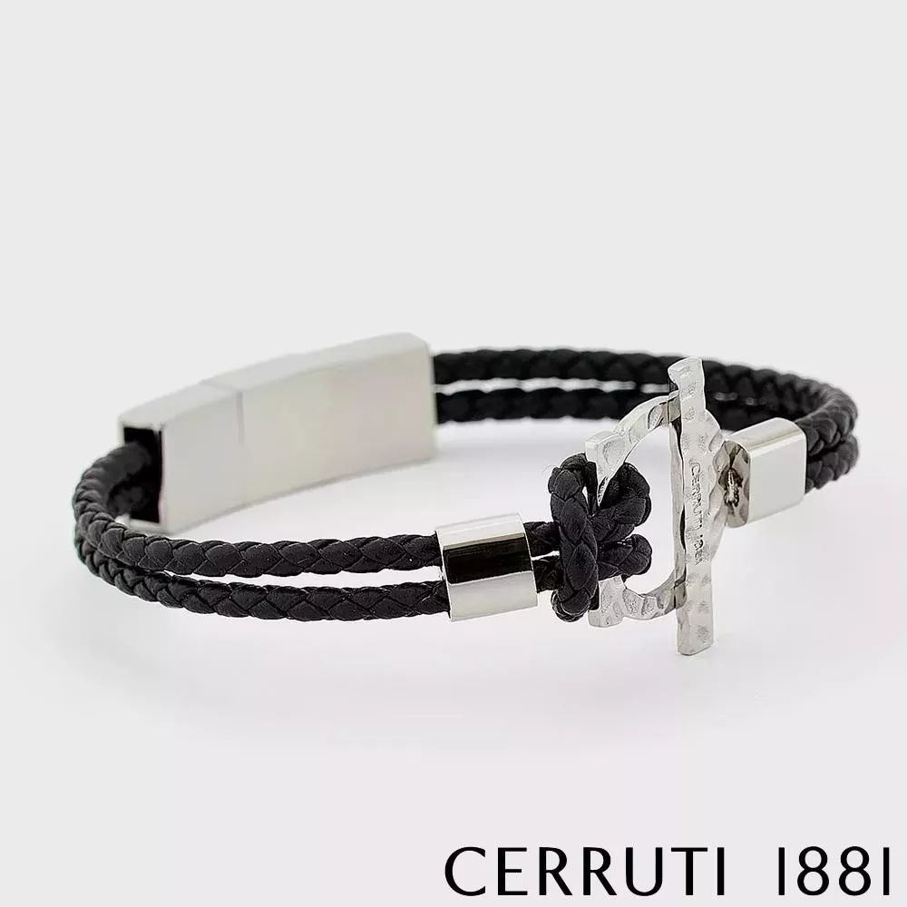 【Cerruti 1881】限量2折 經典編織雙繩不銹鋼皮革手環 全新專櫃展示品(CB1701 黑色)