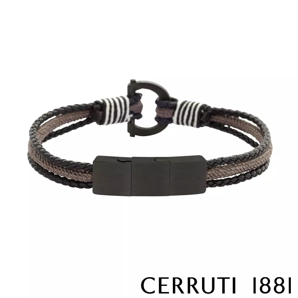 【Cerruti 1881】經典編織雙繩不銹鋼皮革手環 (CB2103 黑咖啡色)