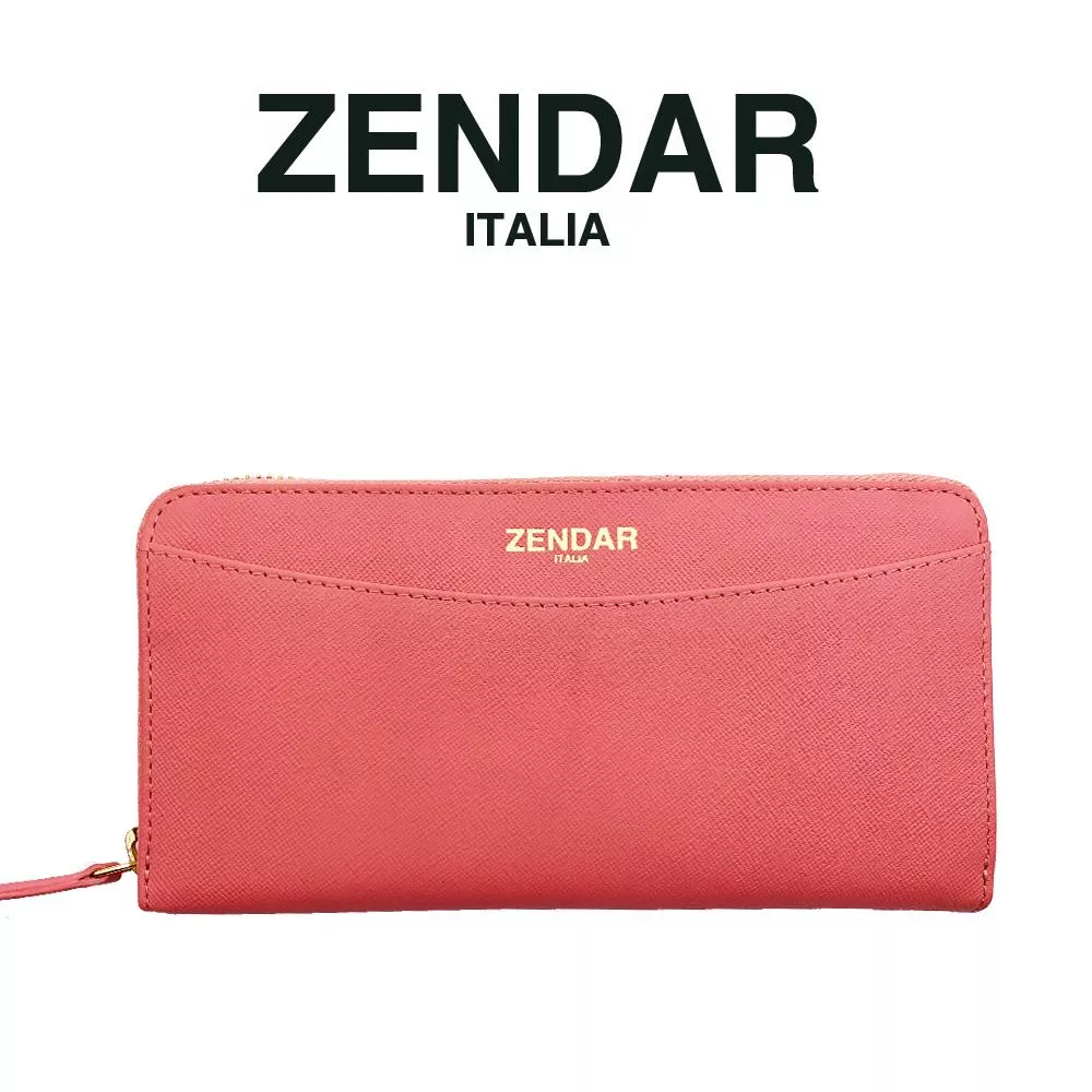【ZENDAR】限量1折 頂級NAPPA小牛皮十字紋拉鍊長夾 馬蒂娜系列 全新專櫃展示品 (粉紅色)