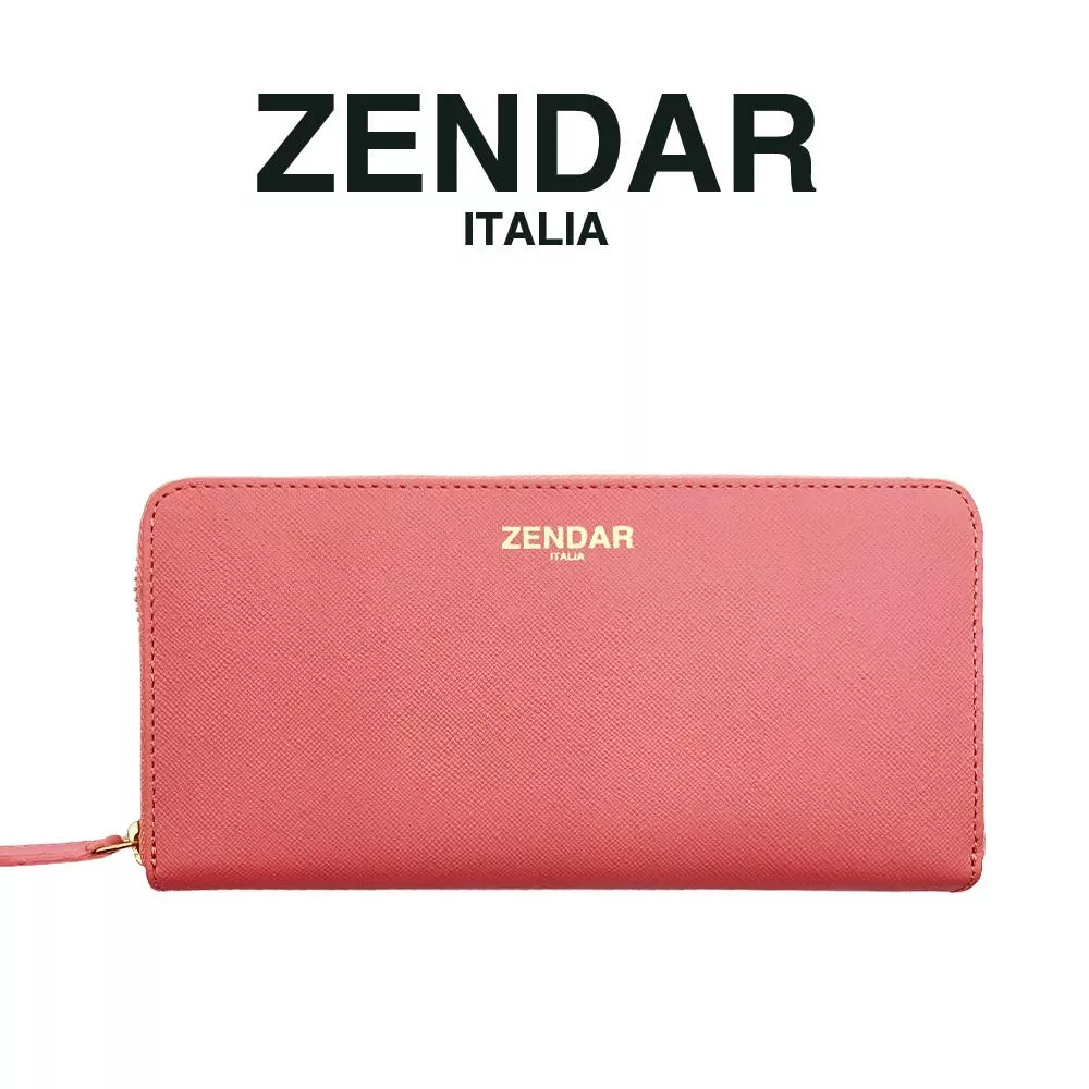 【ZENDAR】頂級NAPPA小牛皮十字紋拉鍊長夾 卡門系列 (粉紅色)