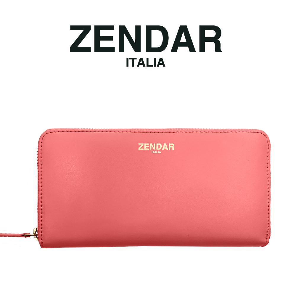 【ZENDAR】限量1折 頂級NAPPA小牛皮金標拉鍊長夾 莉亞系列 全新專櫃展示品 (粉紅色)