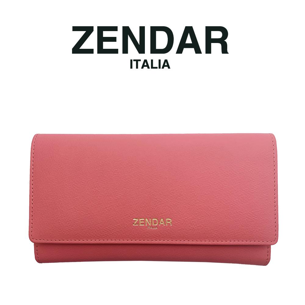 【ZENDAR】限量1折 頂級小牛皮十字紋三摺長夾 蘿絲系列 全新專櫃展示品 (粉紅色)