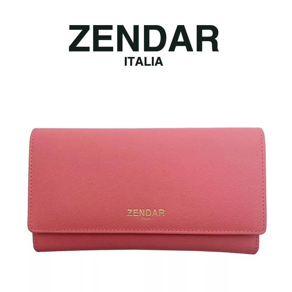 【ZENDAR】限量1折 頂級小牛皮十字紋三摺長夾 蘿絲系列 全新專櫃展示品 (粉紅色)