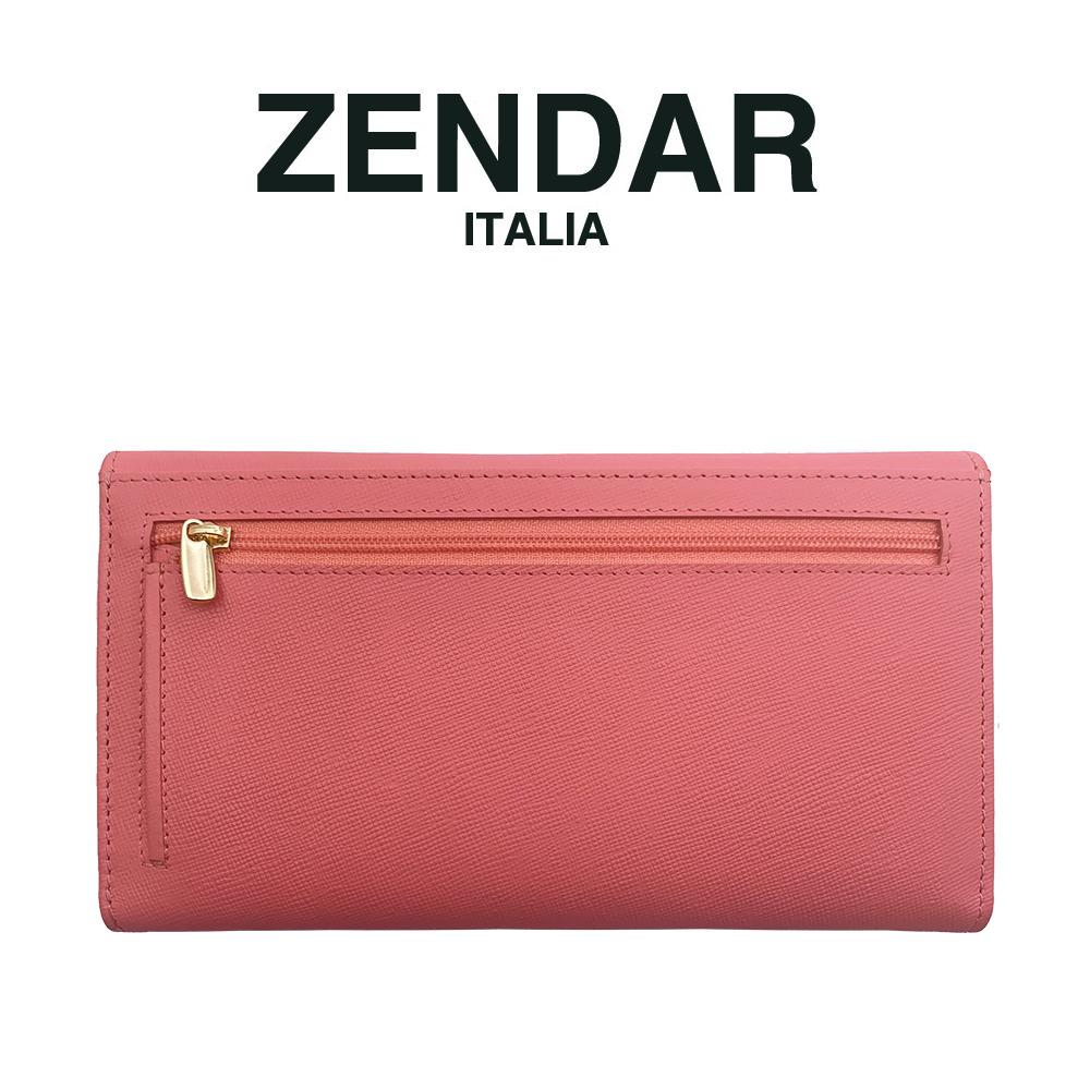【ZENDAR】限量1折 頂級小牛皮十字紋三摺長夾 蘿絲系列 全新專櫃展示品 (粉紅色)