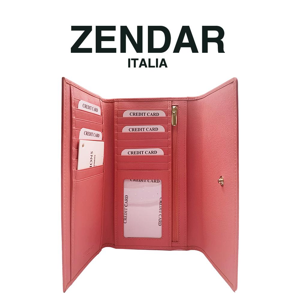 【ZENDAR】限量1折 頂級小牛皮十字紋三摺長夾 蘿絲系列 全新專櫃展示品 (粉紅色)