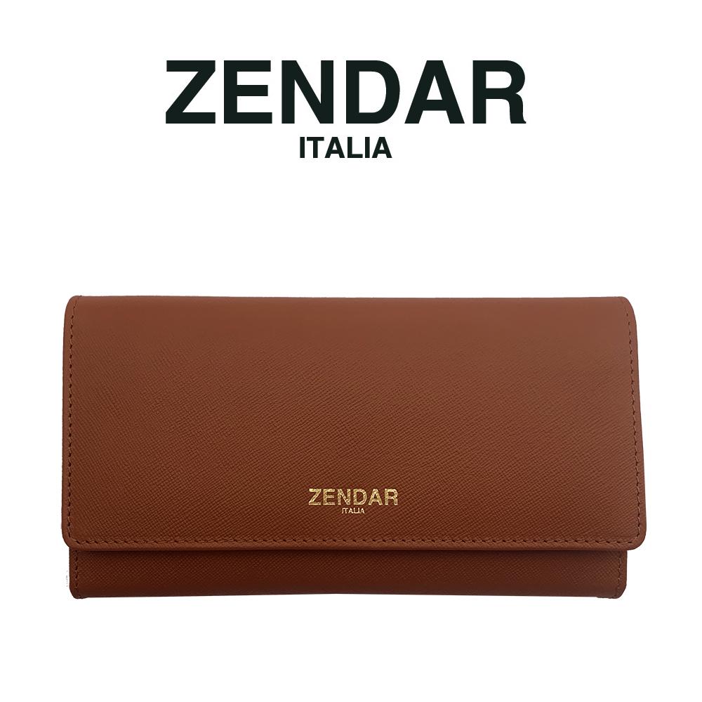 【ZENDAR】限量1折 頂級小牛皮十字紋三摺長夾 蘿絲系列 全新專櫃展示品 (琥珀色)