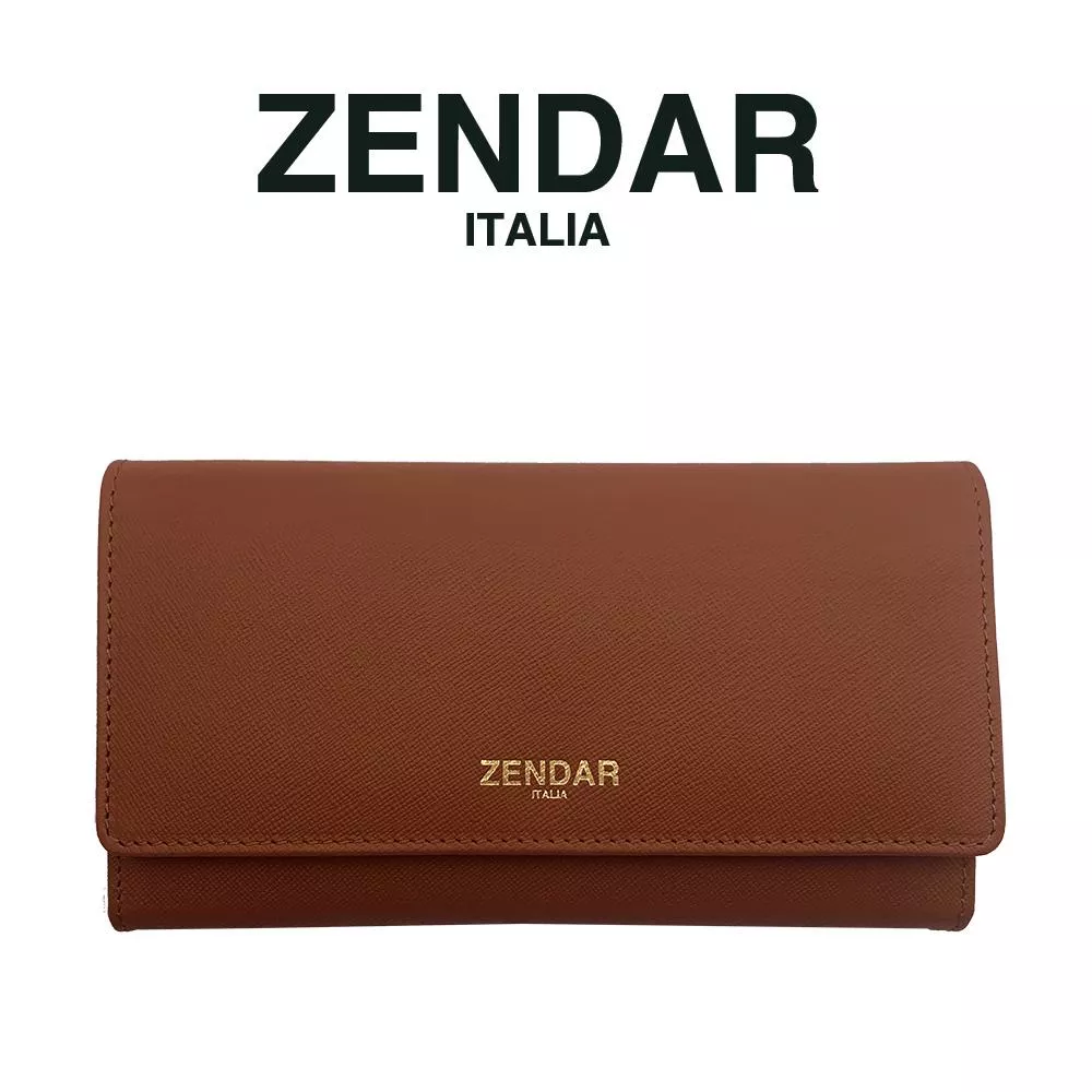 【ZENDAR】限量1折 頂級小牛皮十字紋三摺長夾 蘿絲系列 全新專櫃展示品 (琥珀色)