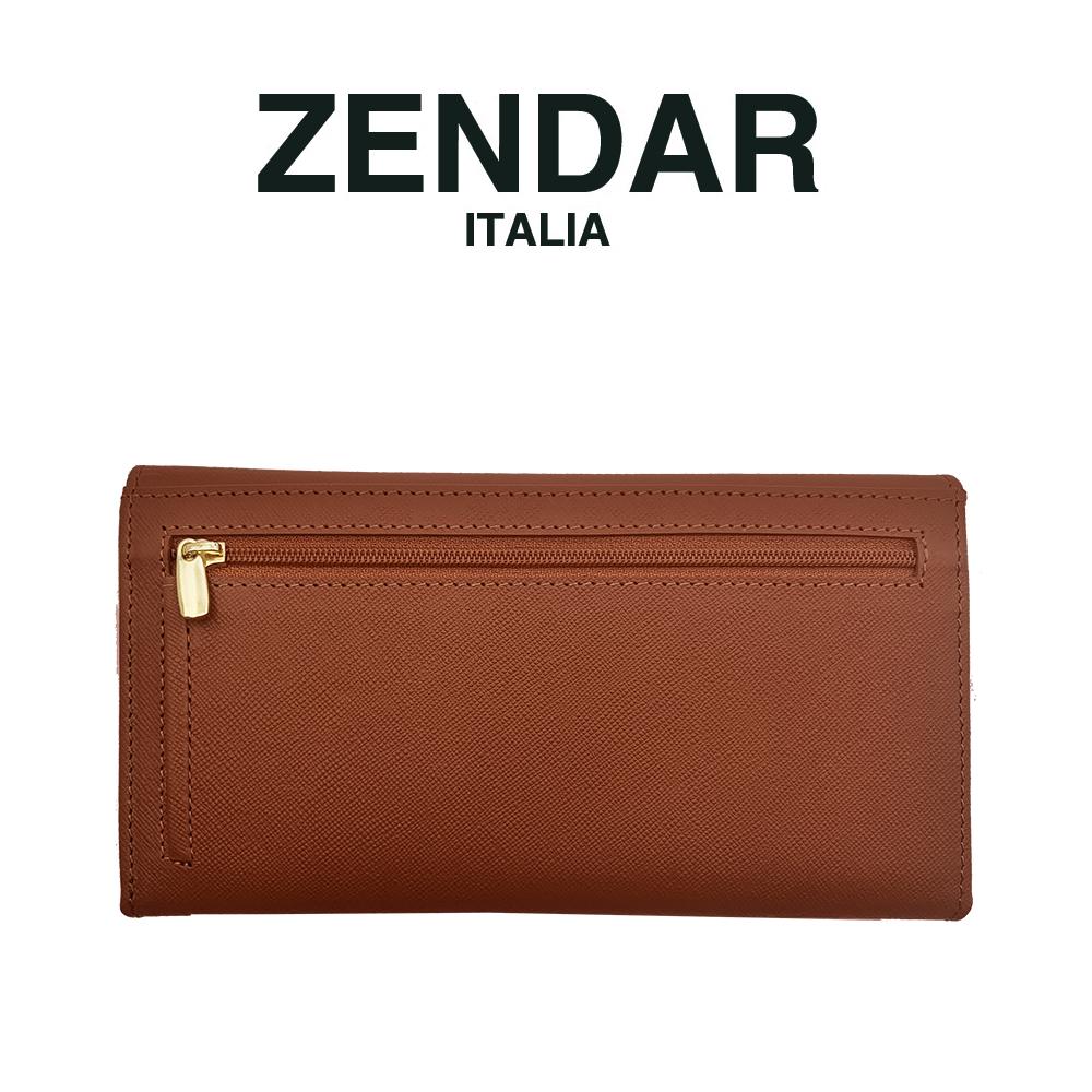 【ZENDAR】限量1折 頂級小牛皮十字紋三摺長夾 蘿絲系列 全新專櫃展示品 (琥珀色)