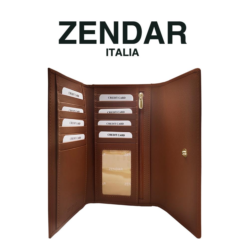 【ZENDAR】限量1折 頂級小牛皮十字紋三摺長夾 蘿絲系列 全新專櫃展示品 (琥珀色)