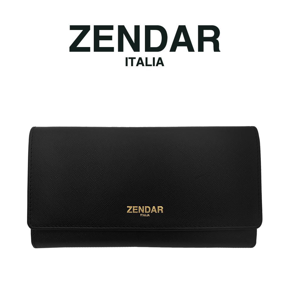 【ZENDAR】限量1折 頂級小牛皮十字紋三摺長夾 蘿絲系列 全新專櫃展示品 (黑色)