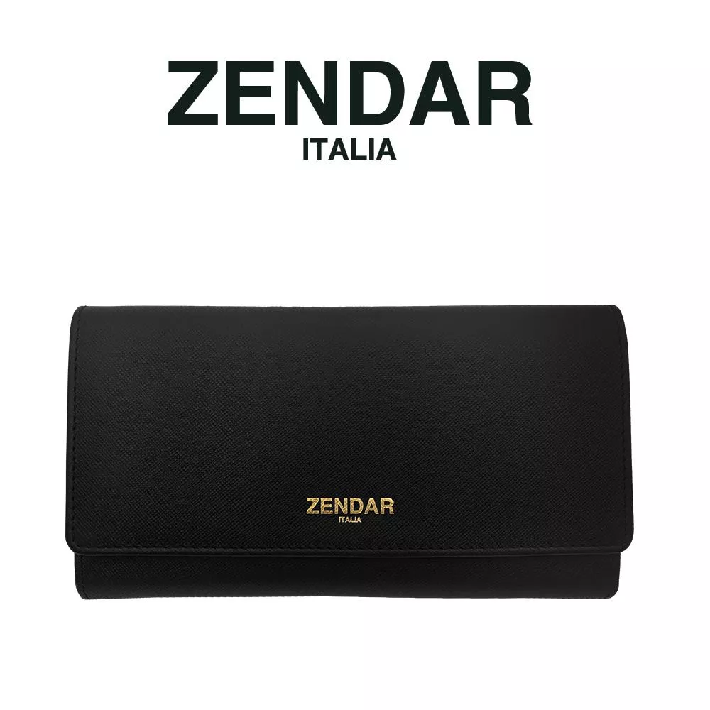 【ZENDAR】頂級小牛皮十字紋三摺長夾 蘿絲系列 (黑色)