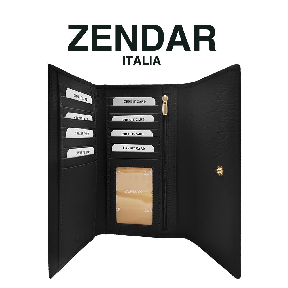 【ZENDAR】限量1折 頂級小牛皮十字紋三摺長夾 蘿絲系列 全新專櫃展示品 (黑色)