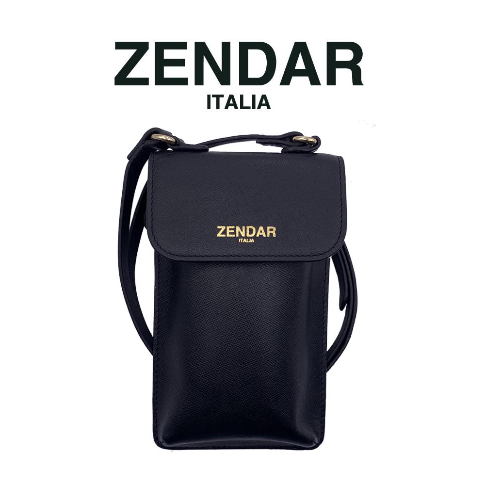 【ZENDAR】頂級小牛皮十字紋手機包 (黑色)