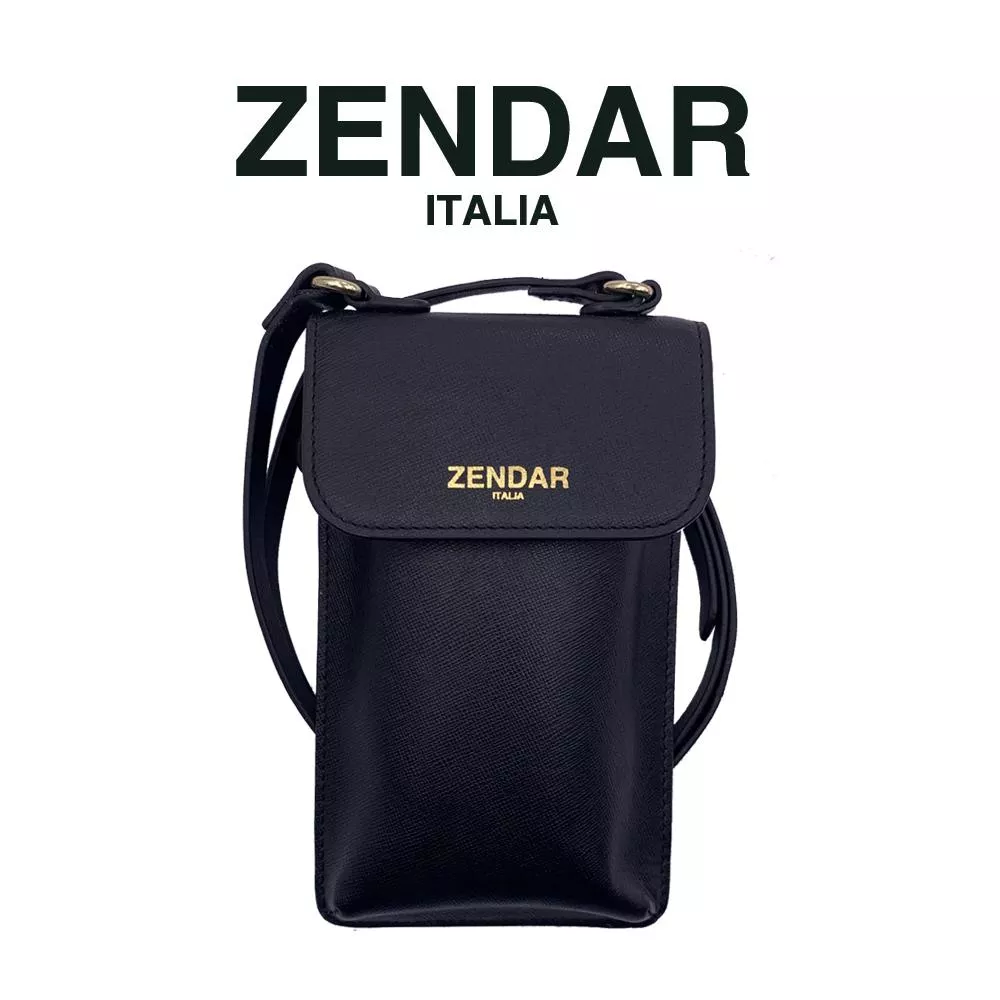 【ZENDAR】頂級小牛皮十字紋手機包 (黑色)