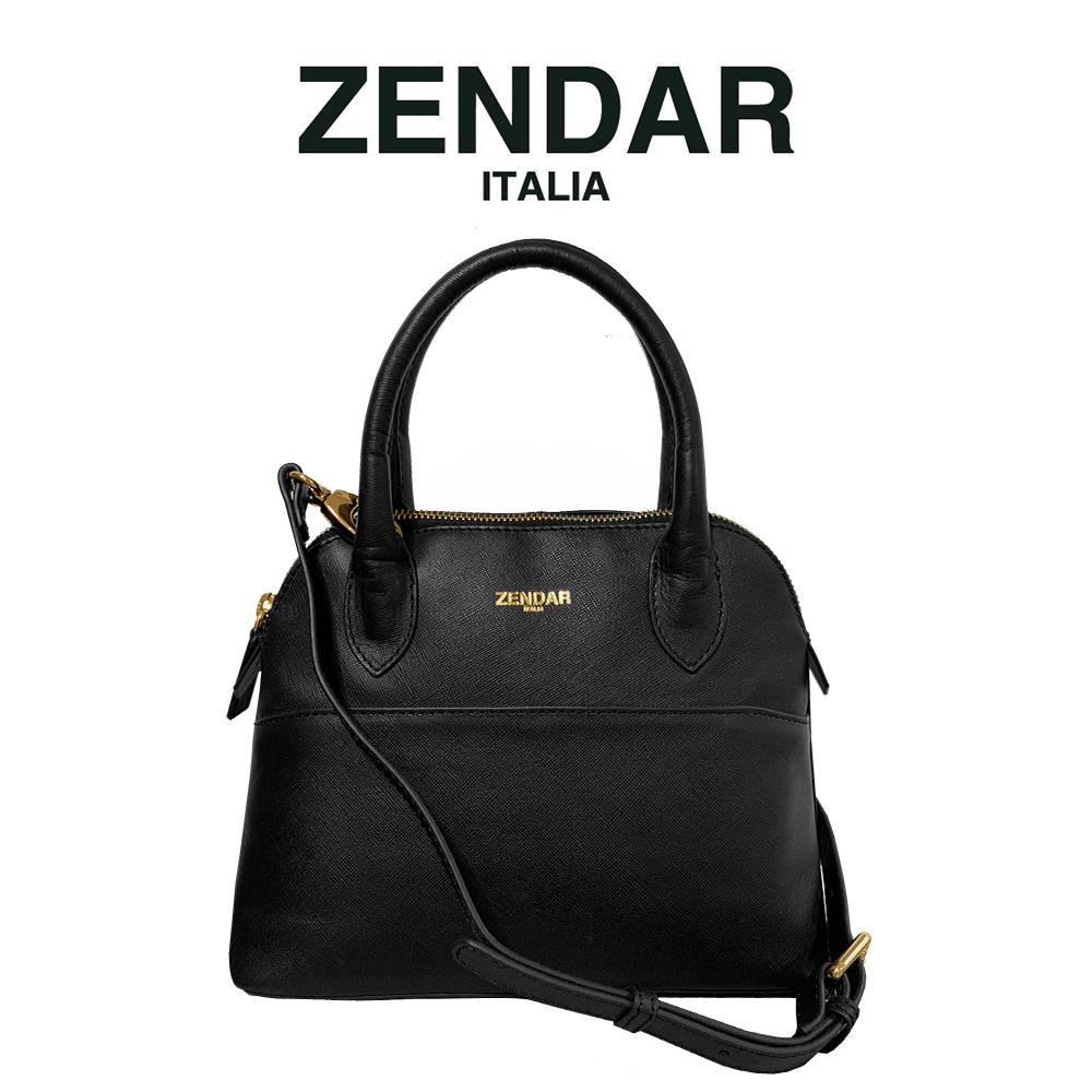 【ZENDAR】限量2折 頂級小牛皮十字紋手提側背貝殼包 卡門系列 全新專櫃展示品 (黑色)